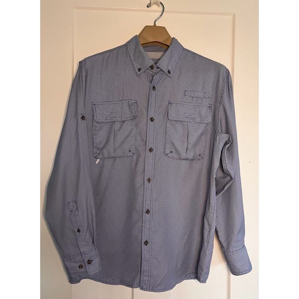 Cabelas Button Down Shirt Blue White Houndstooth Long Sleeve Pockets M